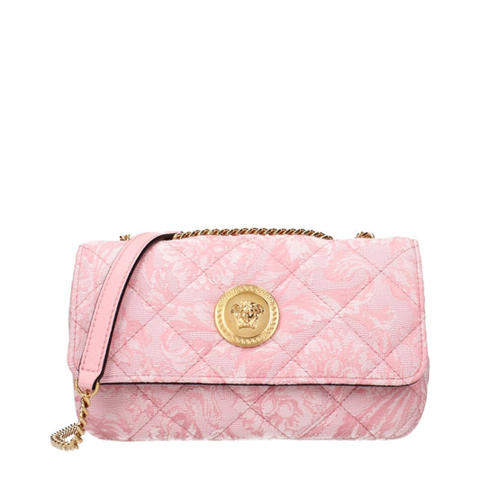Versace Pink Fabric Shoulder Bag with quilted design and gold-tone medallion on front detail.