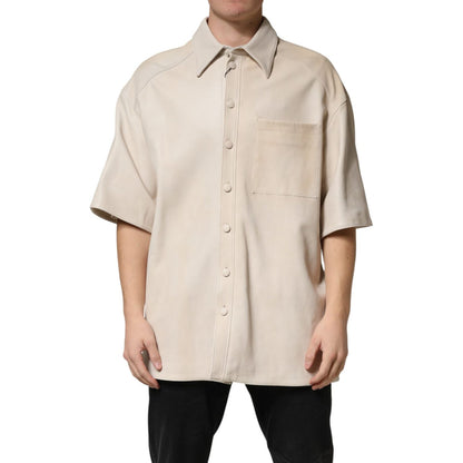 Dolce & Gabbana Beige Leather Button Down Men Casual Shirt