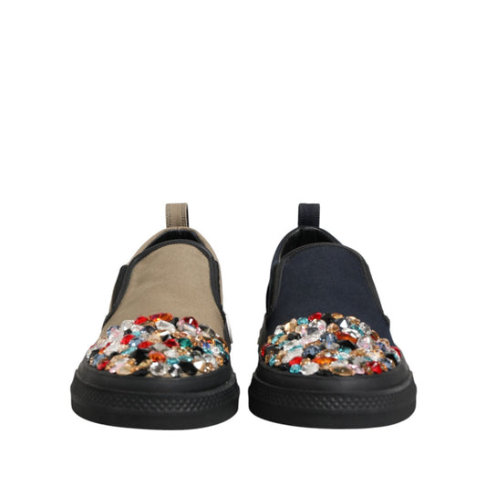 Dolce & Gabbana Blue Canvas Embellished Slip On Men Sneakers Shoes