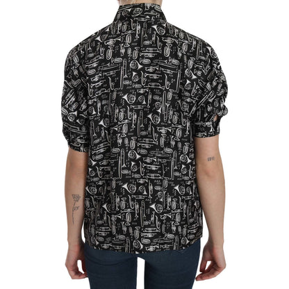 Dolce & Gabbana Black Musical Instrument Collared Blouse Shirt