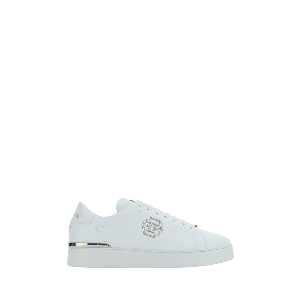 Philipp Plein White Calf Leather Bos Taurus Low Top Sneakers 1728,72470364320,EU40/US7,EU41/US8,EU42/US9,EU43/US10,EU44/US11,Low Tops - Sneakers - Shoes,Men,New with tags,Philipp Plein,Shoes,Sneakers - Shoes,White