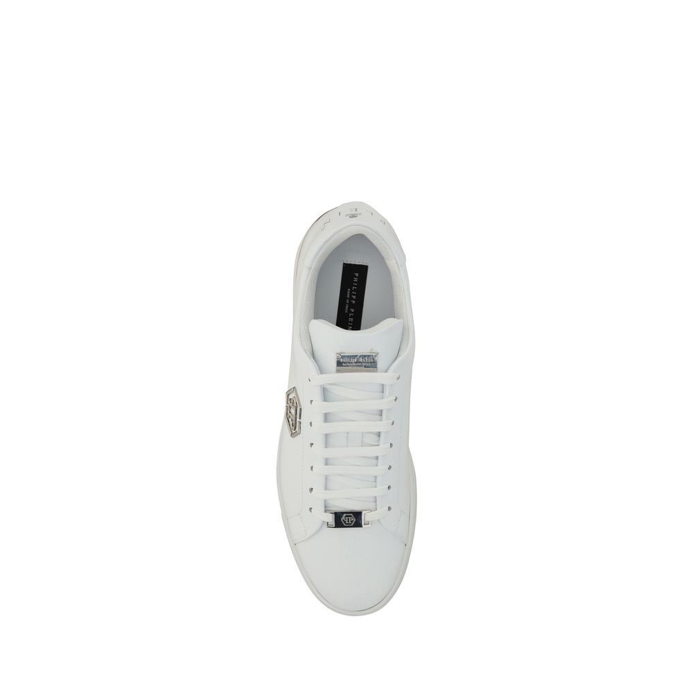 Philipp Plein White Calf Leather Bos Taurus Low Top Sneakers 1728,72470364320,EU40/US7,EU41/US8,EU42/US9,EU43/US10,EU44/US11,Low Tops - Sneakers - Shoes,Men,New with tags,Philipp Plein,Shoes,Sneakers - Shoes,White