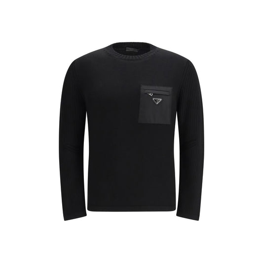 Prada Black Fleece Wool Sweatshirt 1728,72470364320,Black,Clothing,IT46 | S,IT48 | M,Men,New with tags,Prada,Sweaters - Clothing,Sweatshirts - Sweaters - Clothing
