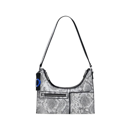 Desigual Black Polyethylene Handbag with snakeskin texture and geometric design featuring front zip pocket and adjustable shoulder strap.