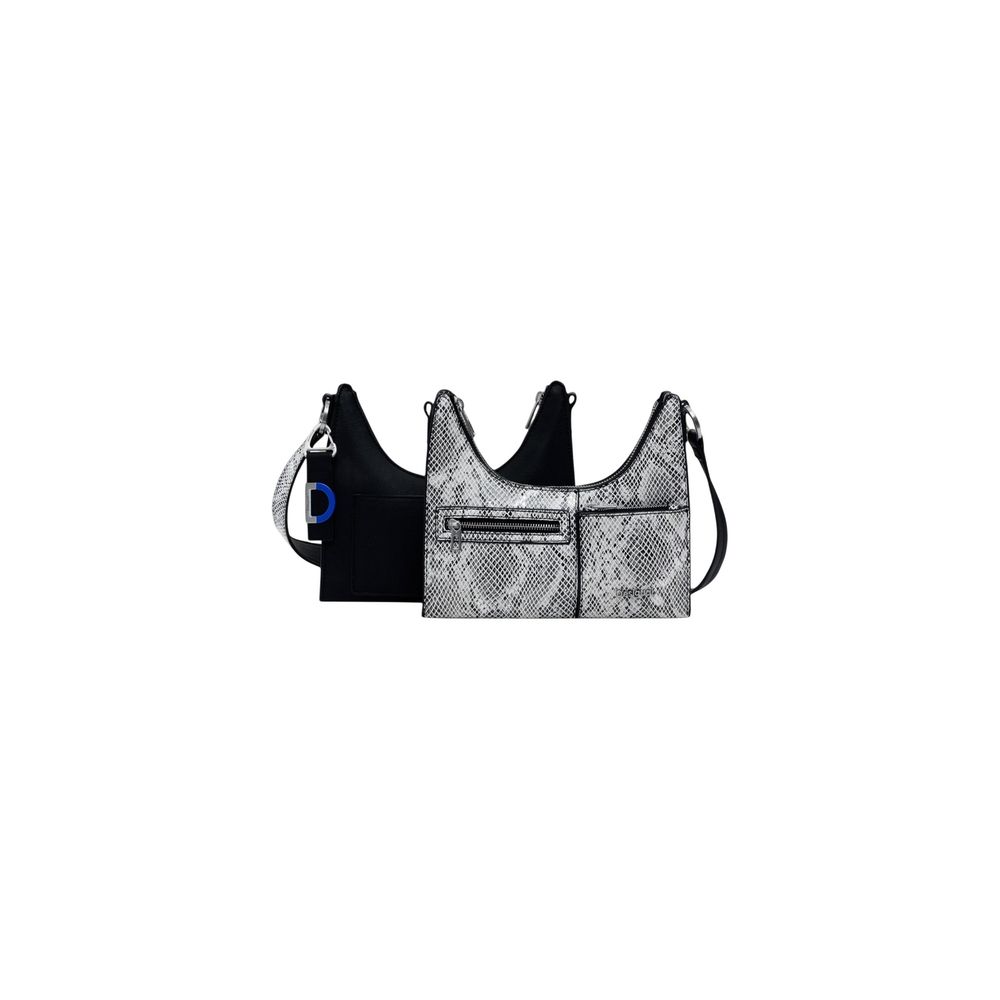 Desigual Black Polyethylene Handbag with snakeskin texture and adjustable strap, model 25WAXPB7, front zip pocket, geometric design.