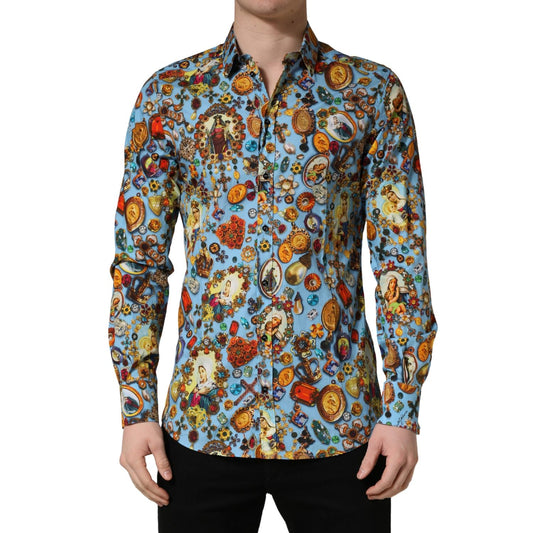 Dolce & Gabbana Blue Cotton Jewel Print Button Down GOLD Shirt