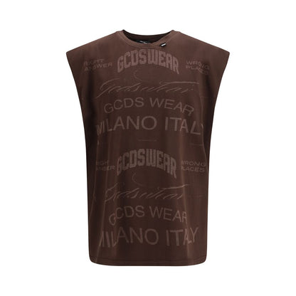 GCDS Brown Cotton Sleeveles T-Shirt