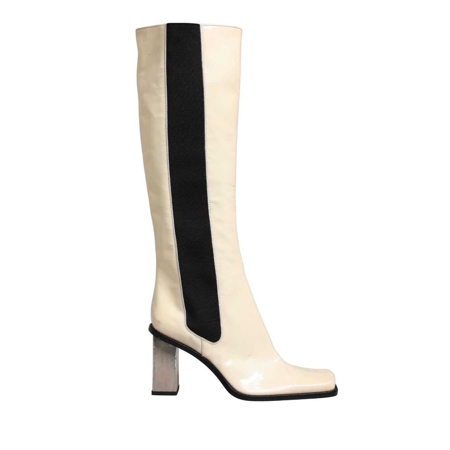 Dolce & Gabbana White Black Leather Knee High Boots Shoes