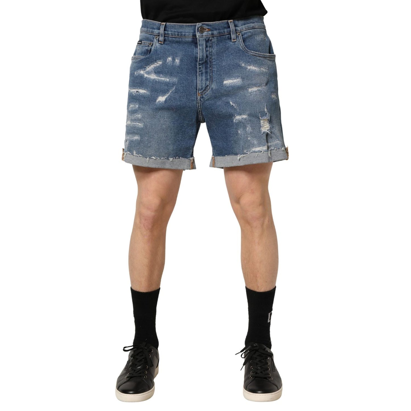 Dolce & Gabbana Blue Cotton Distressed Denim Bermuda Shorts