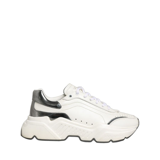 Dolce & Gabbana White Silver Daymaster Leather Low Top Sneakers Shoes