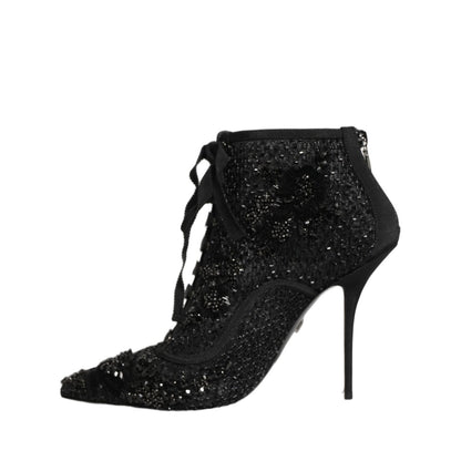 Dolce & Gabbana Black Embellished Mesh Ankle Boots Shoes