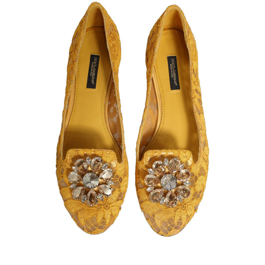 Dolce & Gabbana Yellow Taormina Lace Crystals Flats Shoes