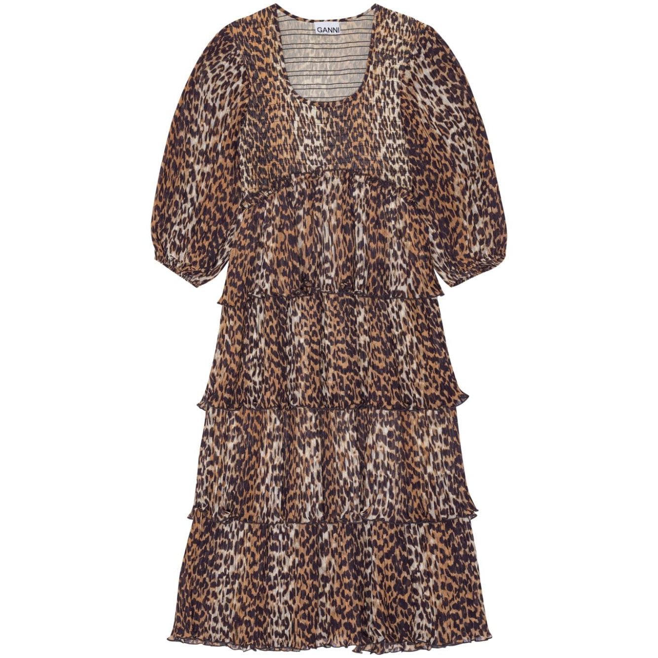 Ganni Leopard Pleated Georgette Flounce Smock Midi Dress