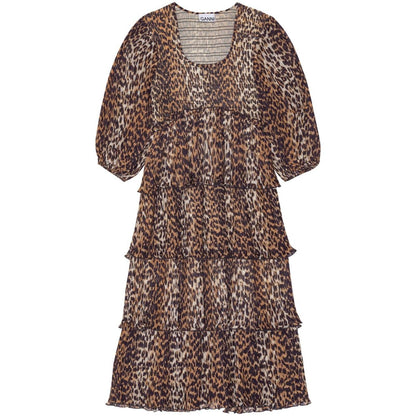Ganni Leopard Pleated Georgette Flounce Smock Midi Dress
