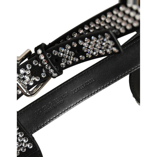 Dolce & Gabbana Black Leather Rhinestones Embellished Men Suspender
