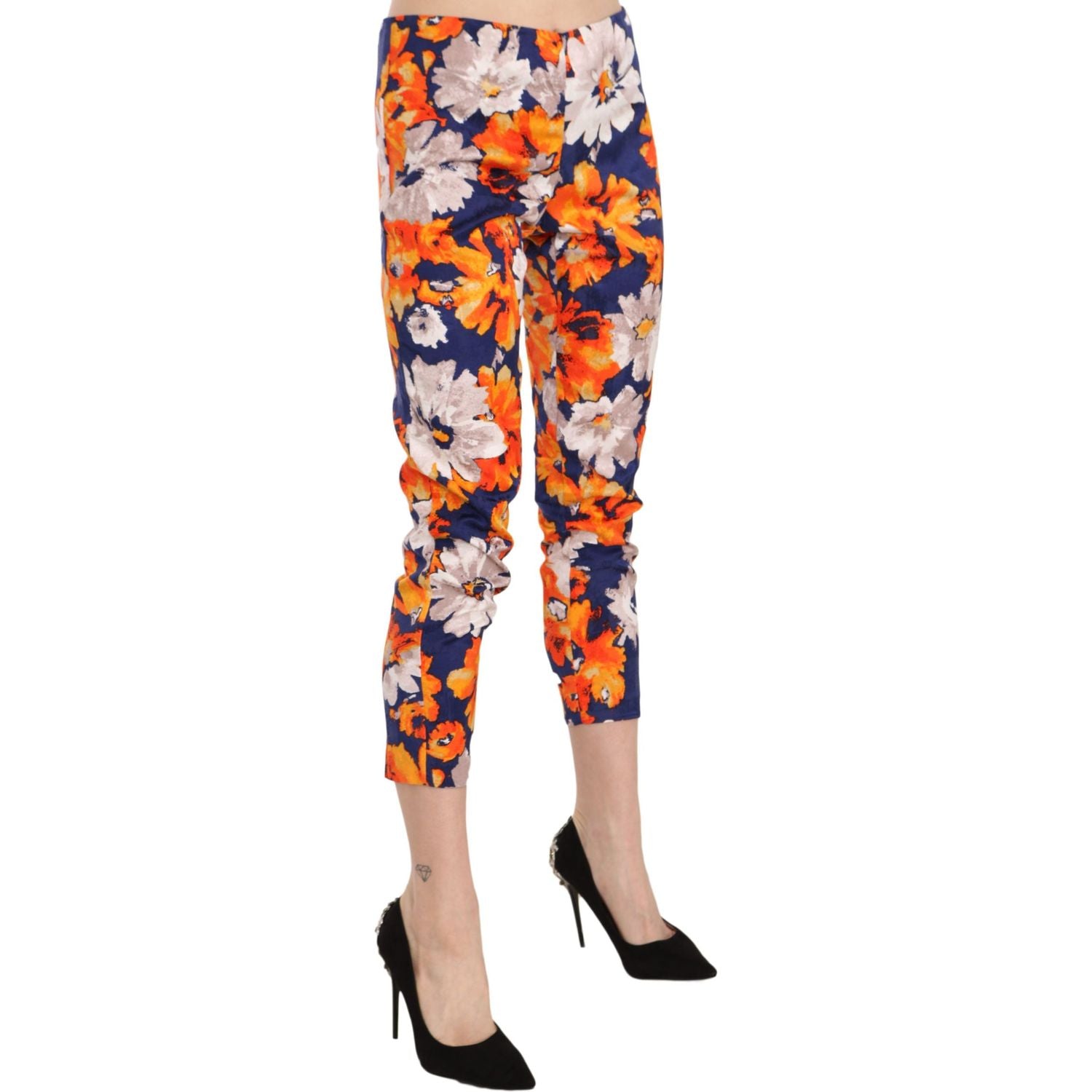 LANACAPRINA Blue Floral Print Skinny Slim Fit Trousers Pants
