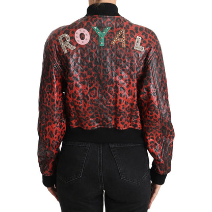 Dolce & Gabbana Red Leopard Button Crystal Leather Jacket Coats & Jackets