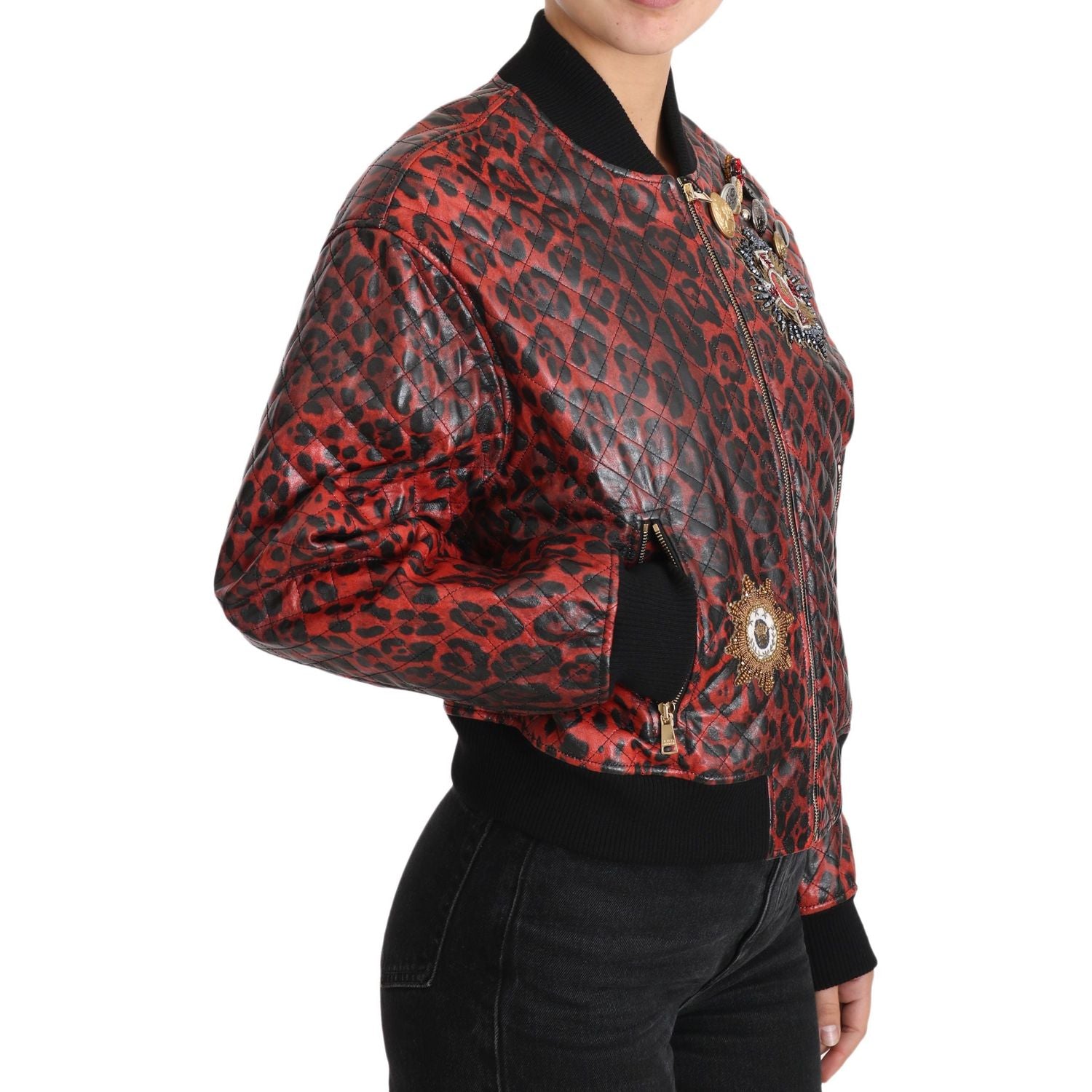 Dolce & Gabbana Red Leopard Button Crystal Leather Jacket