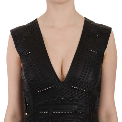 John Richmond Black Leather Studded Mini Shift Dress