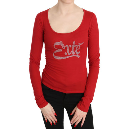 Red Exte Crystal Embellished Long Sleeve Top Blouse