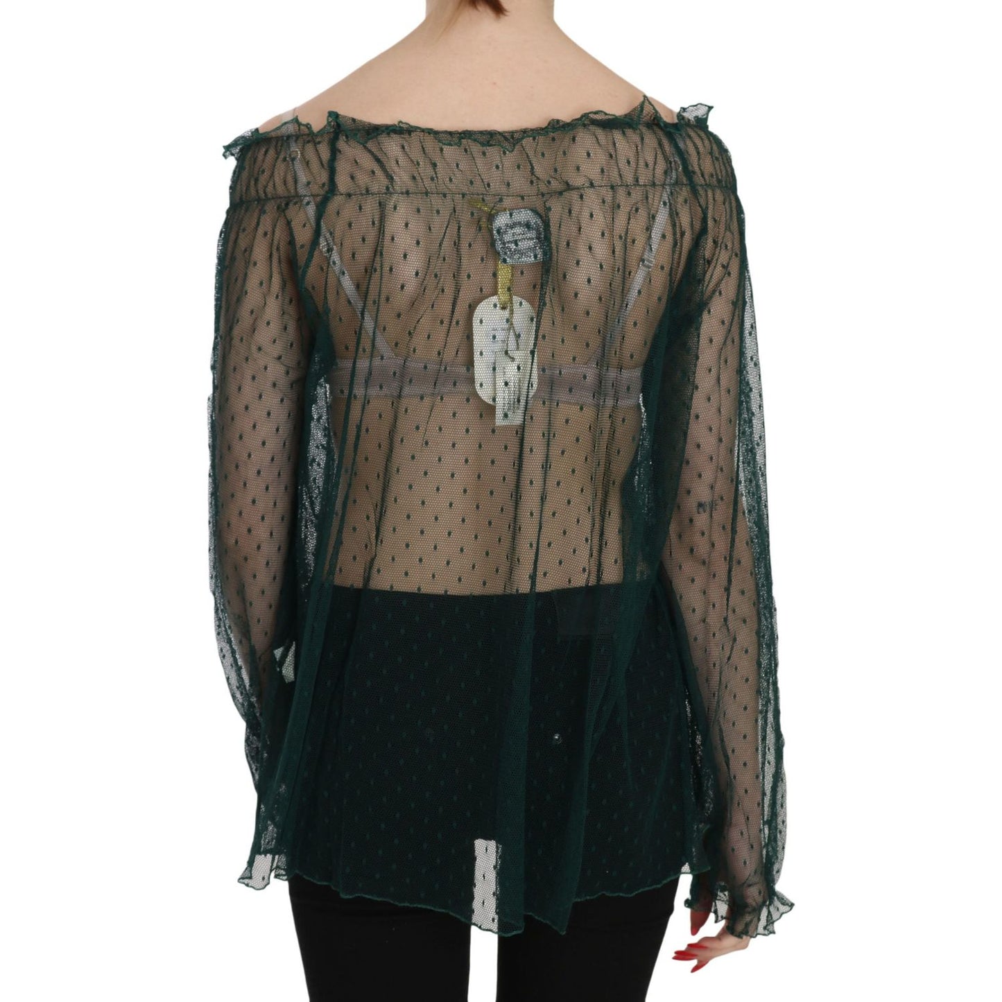 PINK MEMORIES Green Mesh See Through Long Sleeve Top Blouse