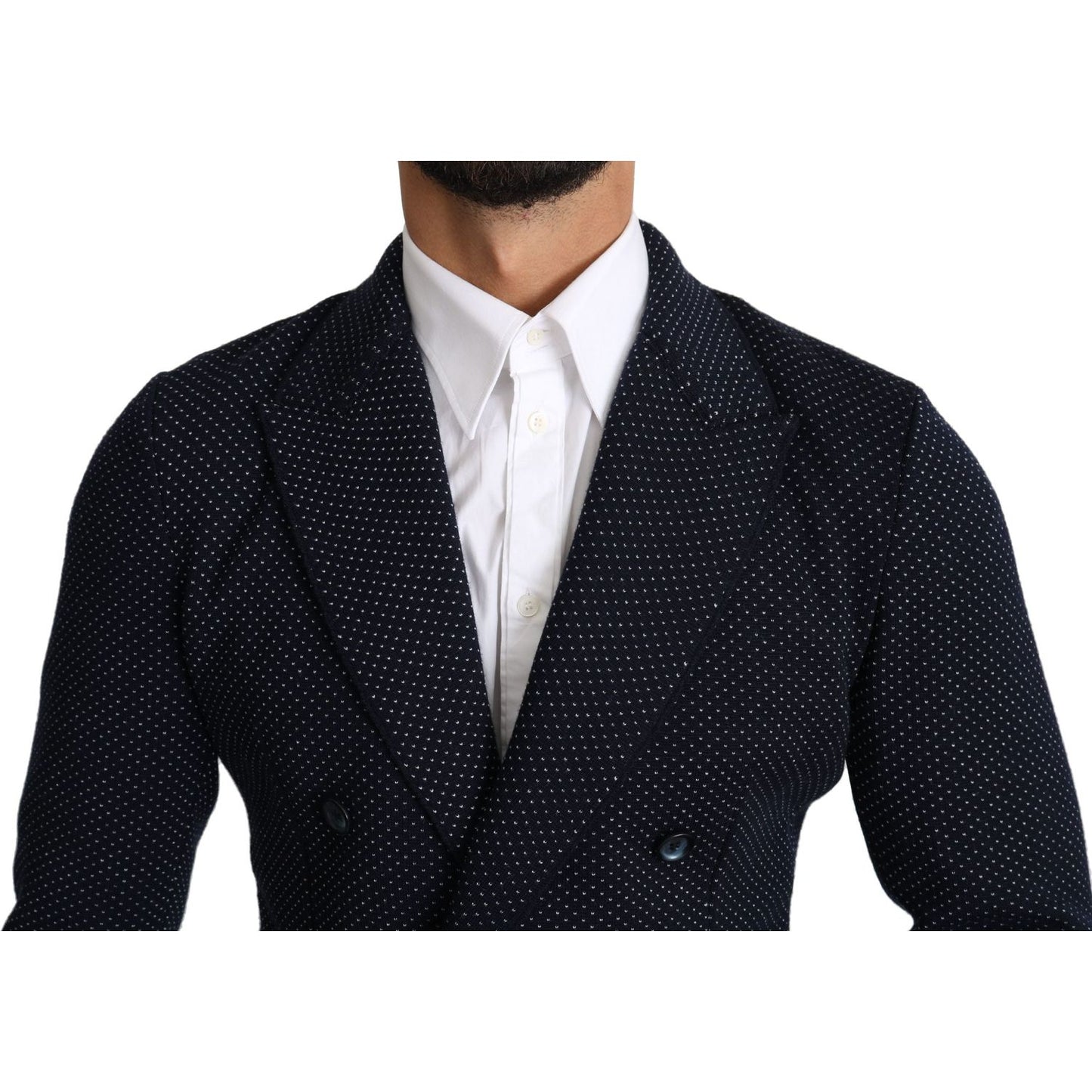 Dolce & Gabbana Dark Blue Dotted Double Breasted Coat Blazer