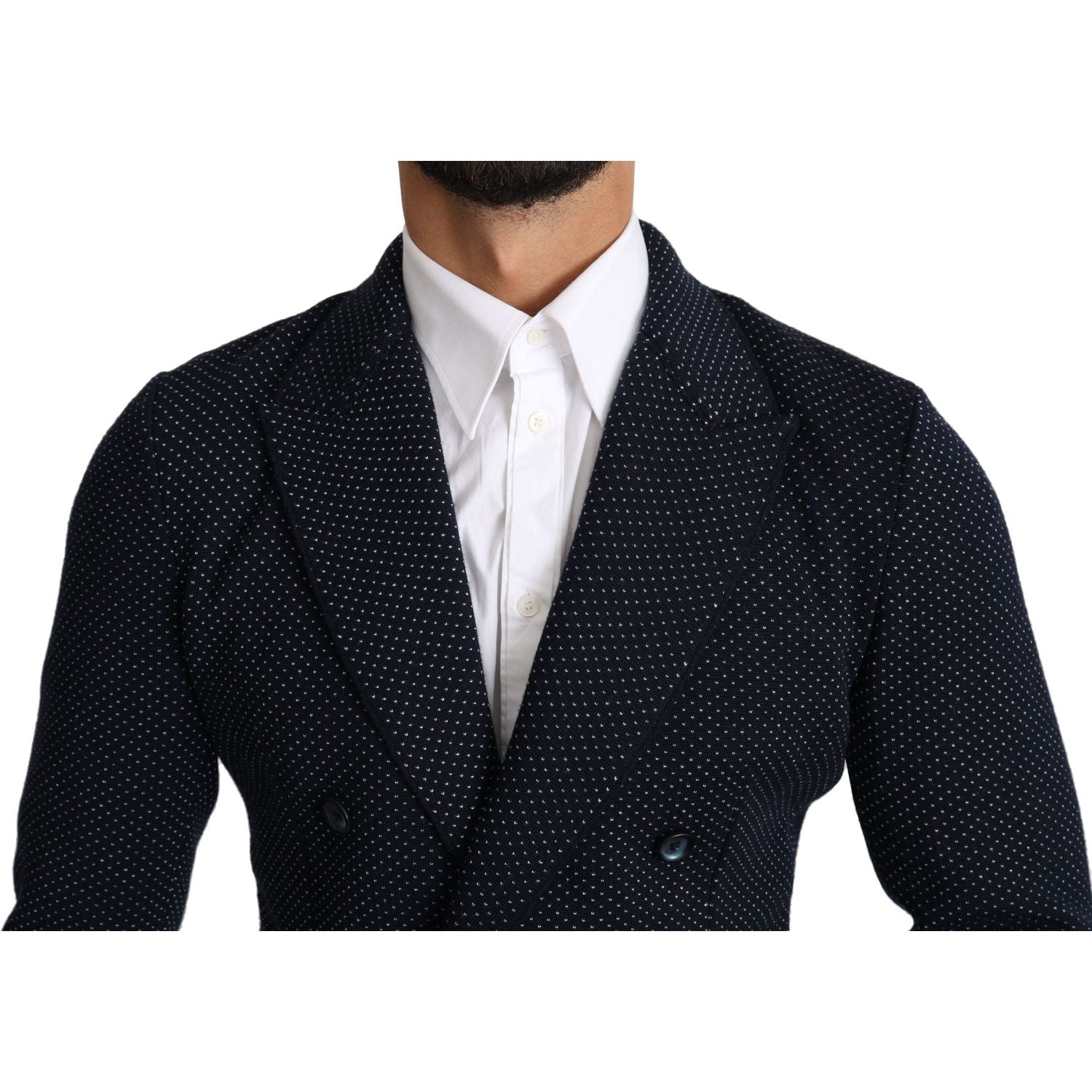 Dolce & Gabbana Dark Blue Dotted Double Breasted Coat Blazer