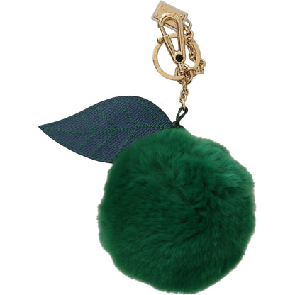 Dolce & Gabbana Green Leather Fur Gold Clasp Keyring Women Keychain Keychain