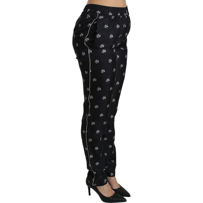 Dolce & Gabbana Black Printed Mid Waist Skinny Silk Pants