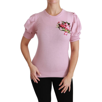 Dolce & Gabbana Pink Floral Embroidered Blouse Wool Top