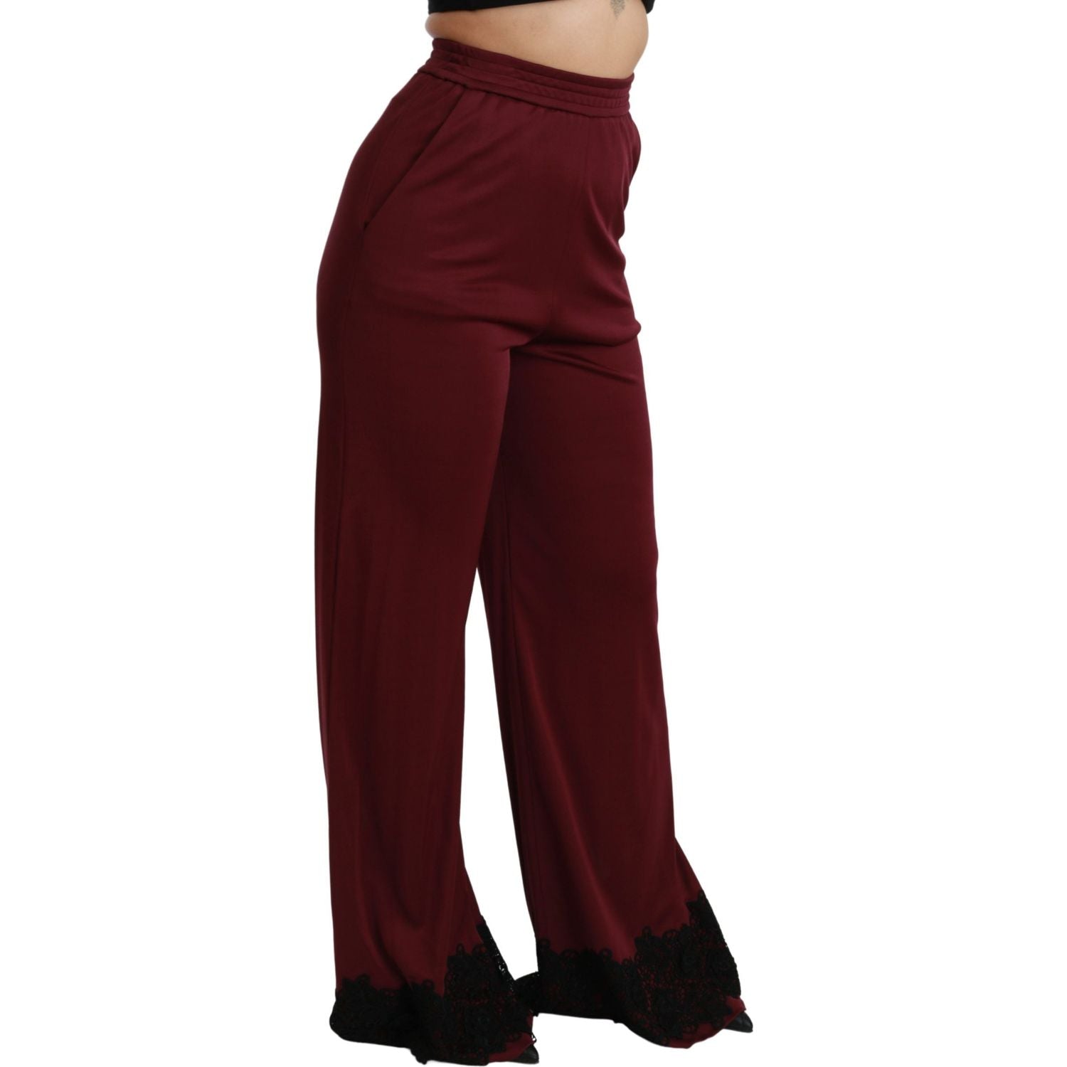 Dolce & Gabbana Black Lace High Waist Wide Leg Maroon  Pants