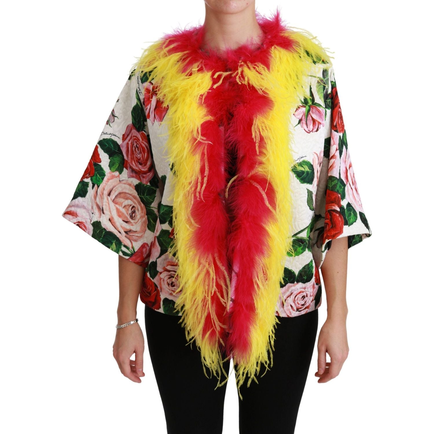 Dolce & Gabbana White Floral Coat Capte Fur Roses Jacket