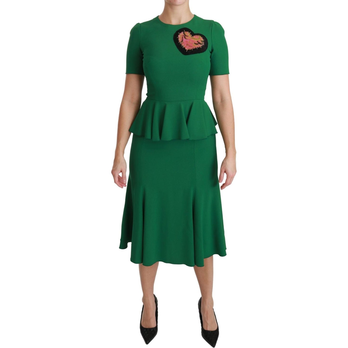 Dolce & Gabbana Green Heart Patch Mermaid Midi Viscose Dress