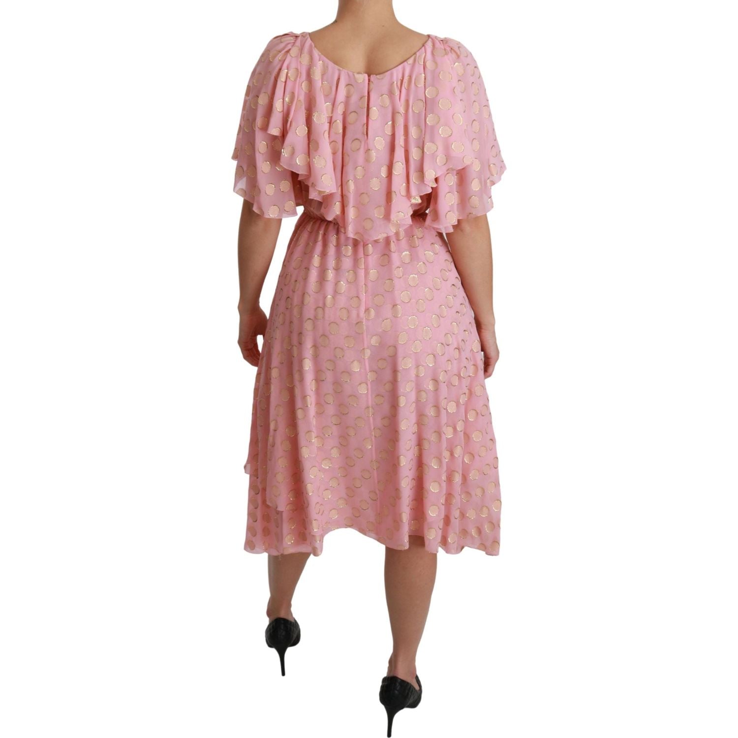Dolce & Gabbana Silk Pink Polka Dots Pleated A-line Midi Dress
