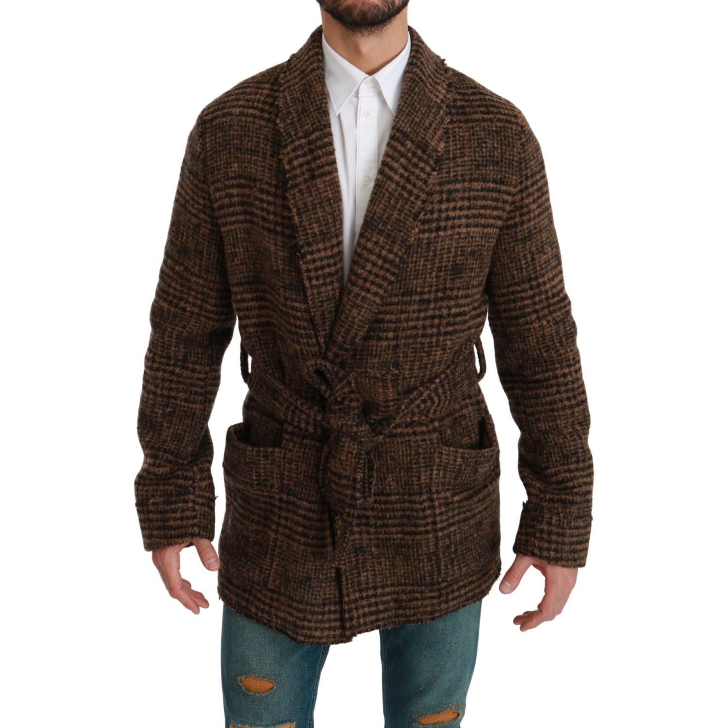 Dolce & Gabbana Brown Checkered Wool Robe Coat  Wrap Jacket