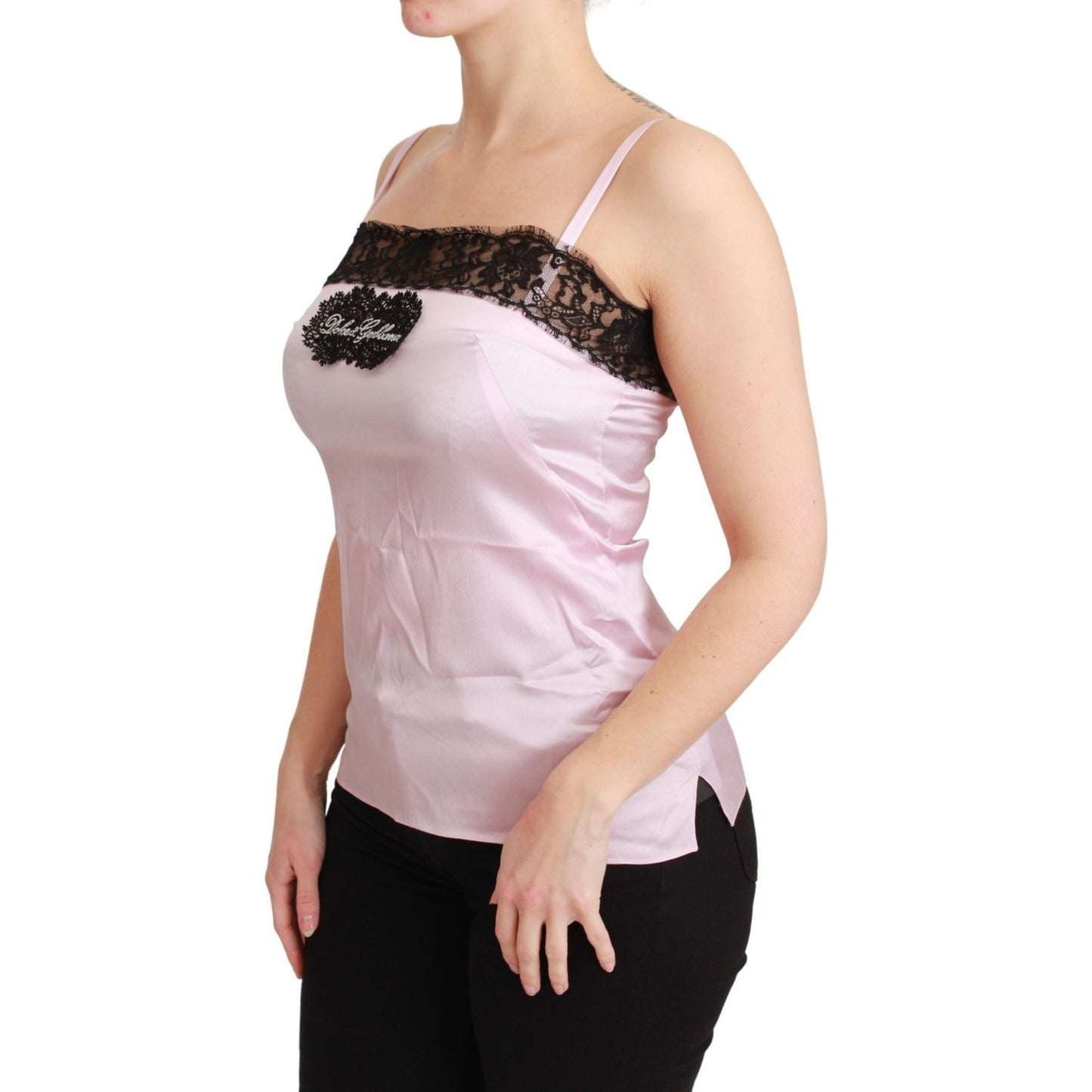 Dolce & Gabbana Silk Black Lace Top Pink Tank Blouse