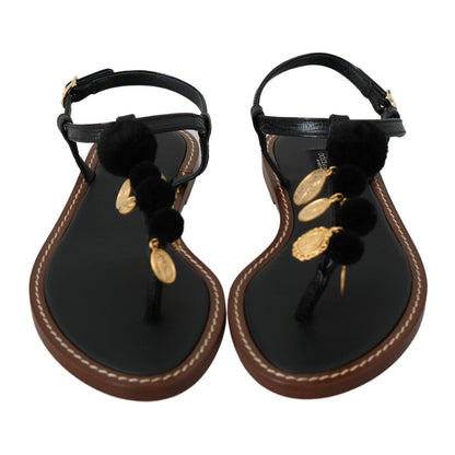 Dolce & Gabbana Black Leather Coins Flip Flops Sandals Shoes