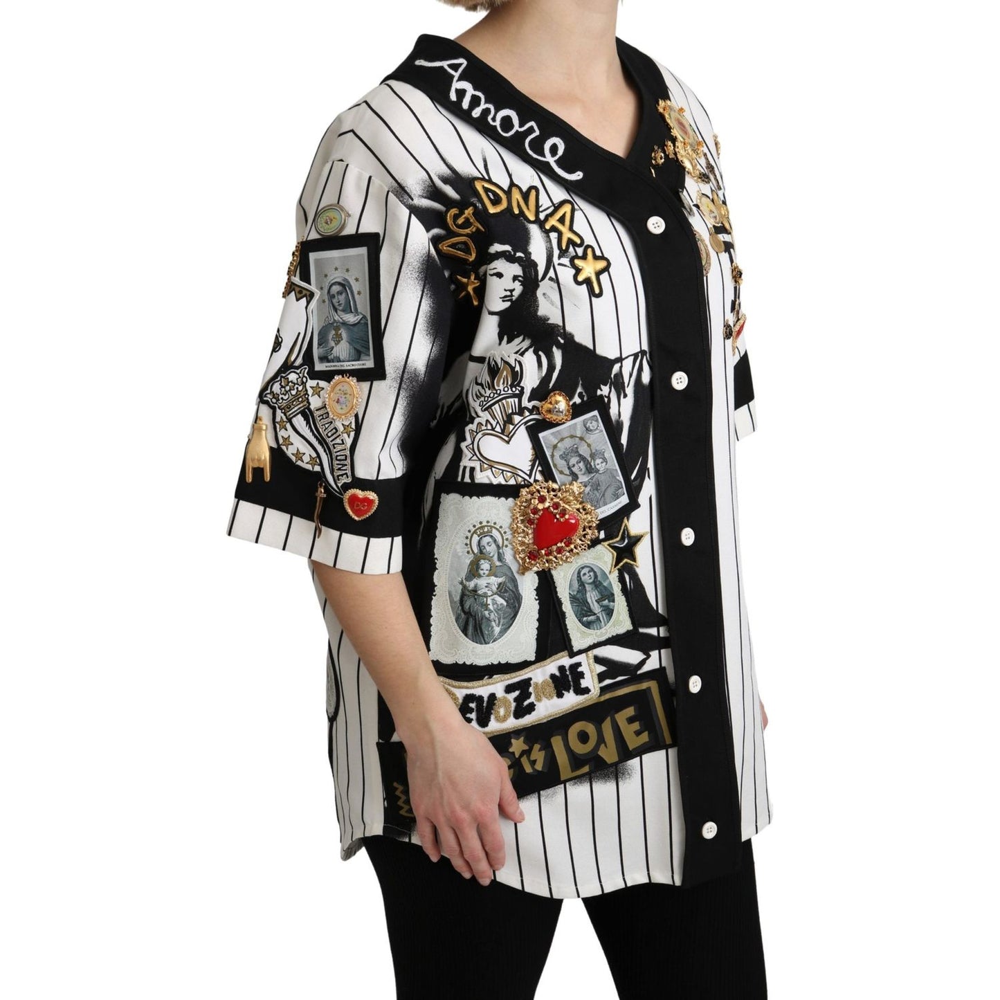Dolce & Gabbana White and black Blouse Cotton Crystal Charms Amore Shirt