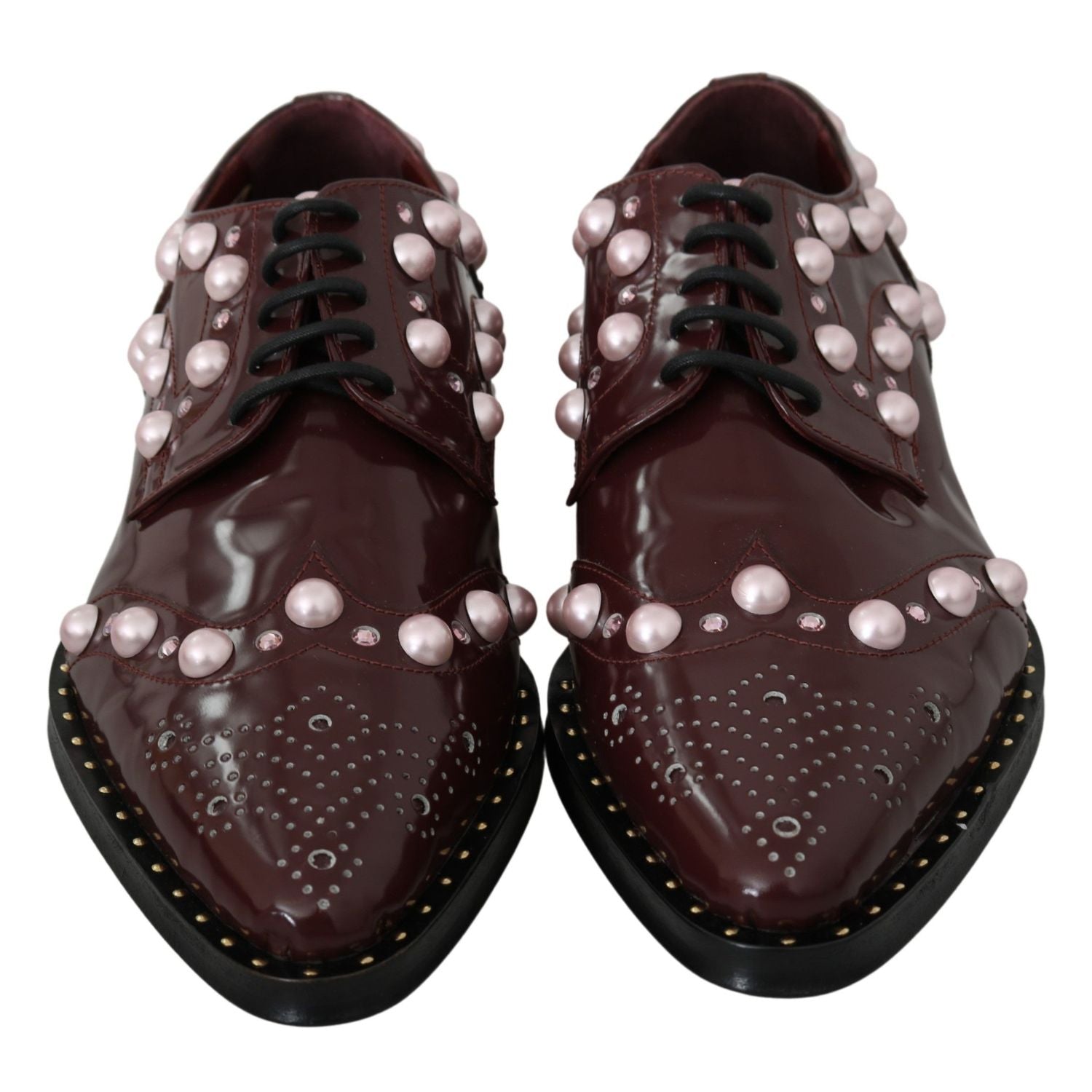 Dolce & Gabbana Bordeaux Leather Crystal Pearls Formal Shoes