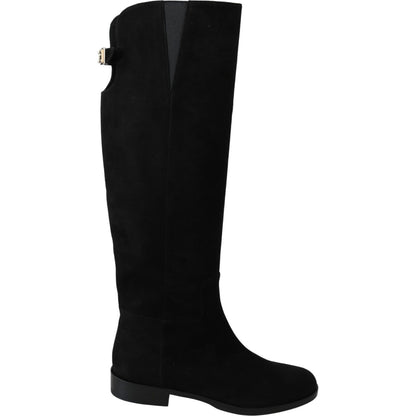 Dolce & Gabbana Black Suede Knee High Flat Boots Shoes