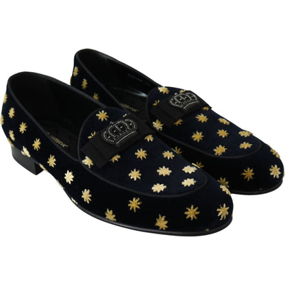 Dolce & Gabbana Blue Velvet Crown Slippers Loafers Shoes