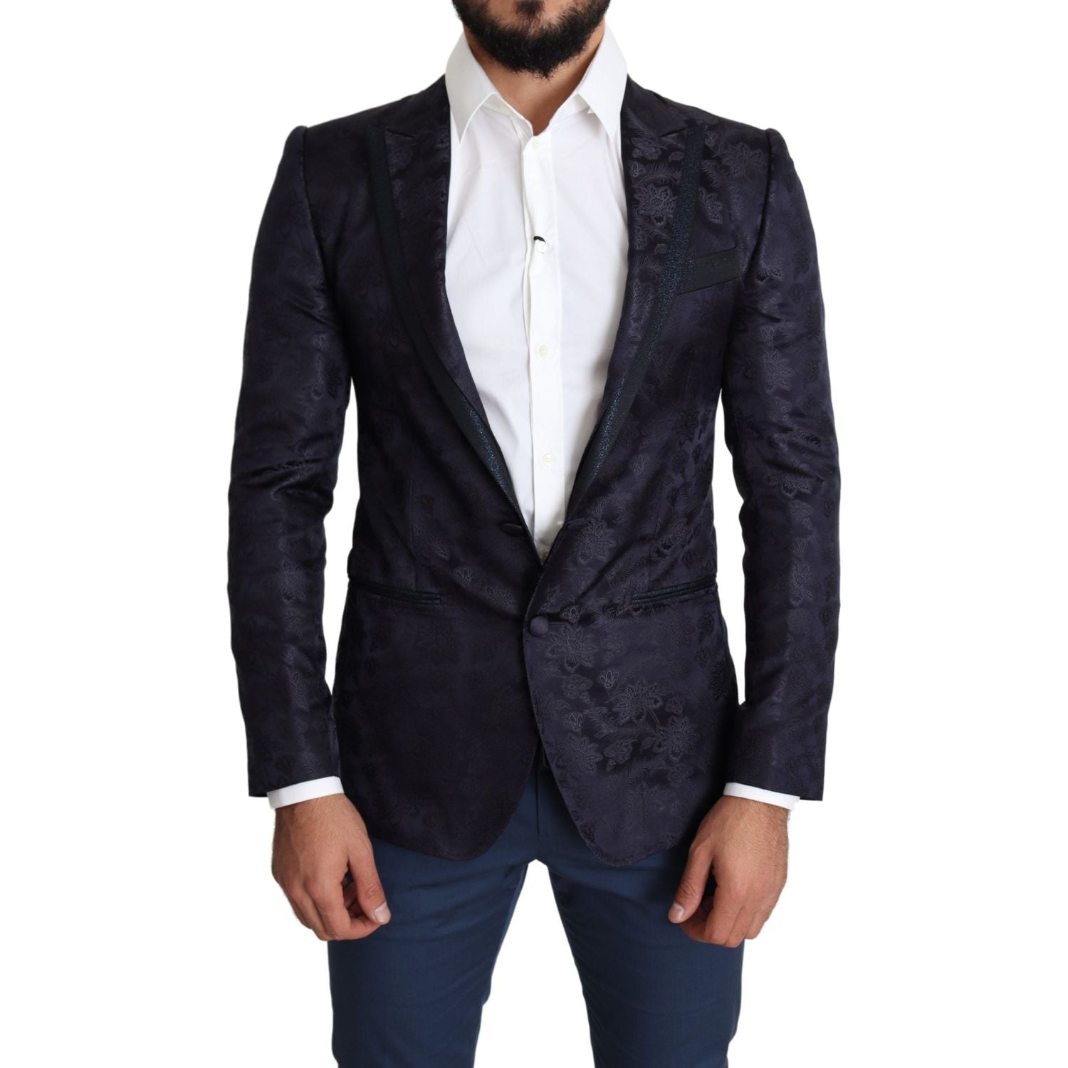 Dolce & Gabbana Blue Floral Jacquard Silk Coat MARTINI Blazer