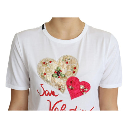 Dolce & Gabbana White San Valentino Heart Crystals T-shirt Top