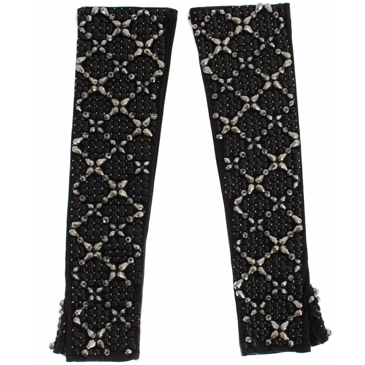 Dolce & Gabbana Black Leather Crystal Beaded Finger Free Gloves