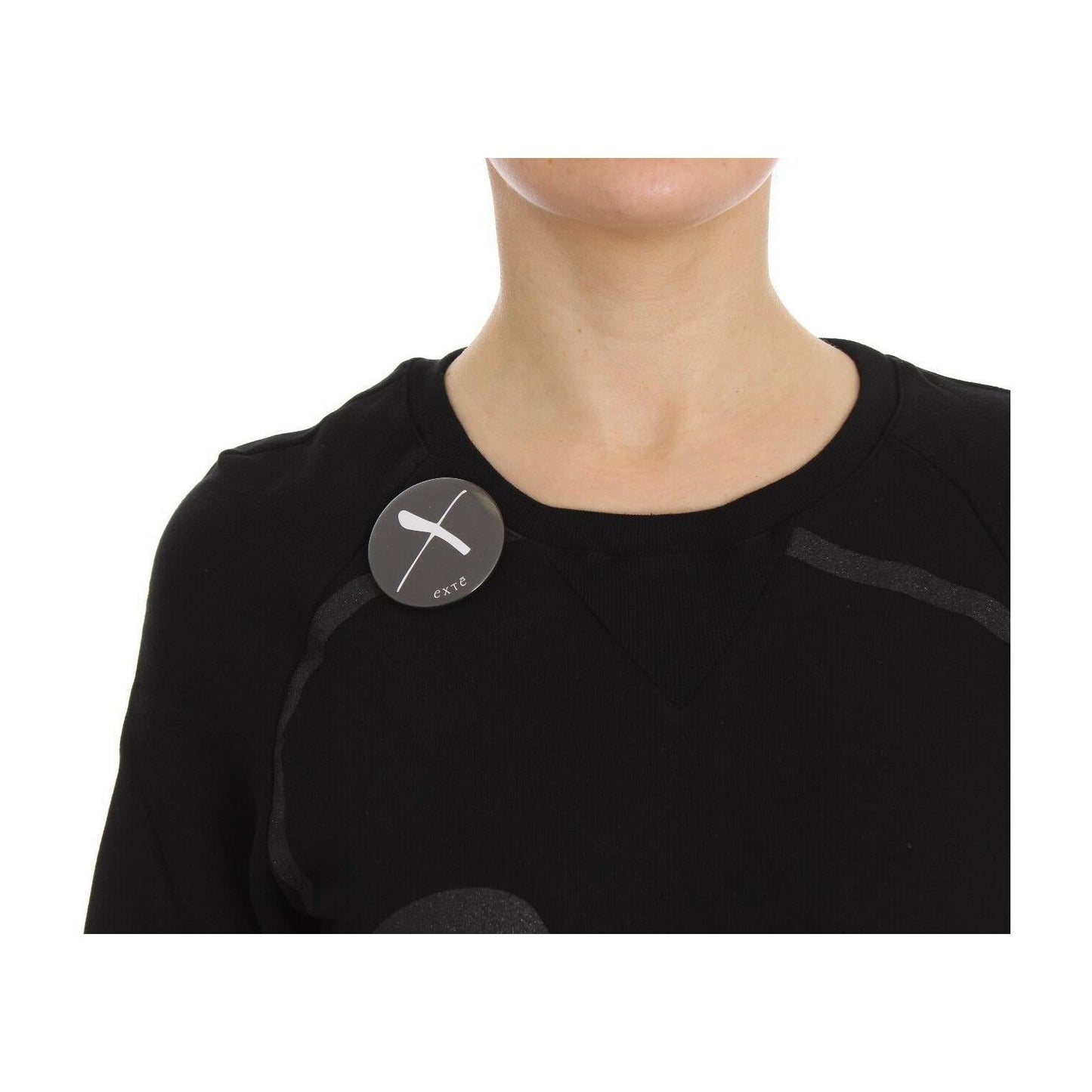 Exte Black Cotton Motive Print Crewneck Pullover Sweater