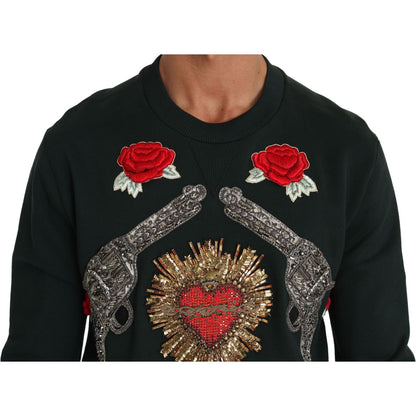 Dolce & Gabbana Green Crystal Heart Roses Gun Sweater