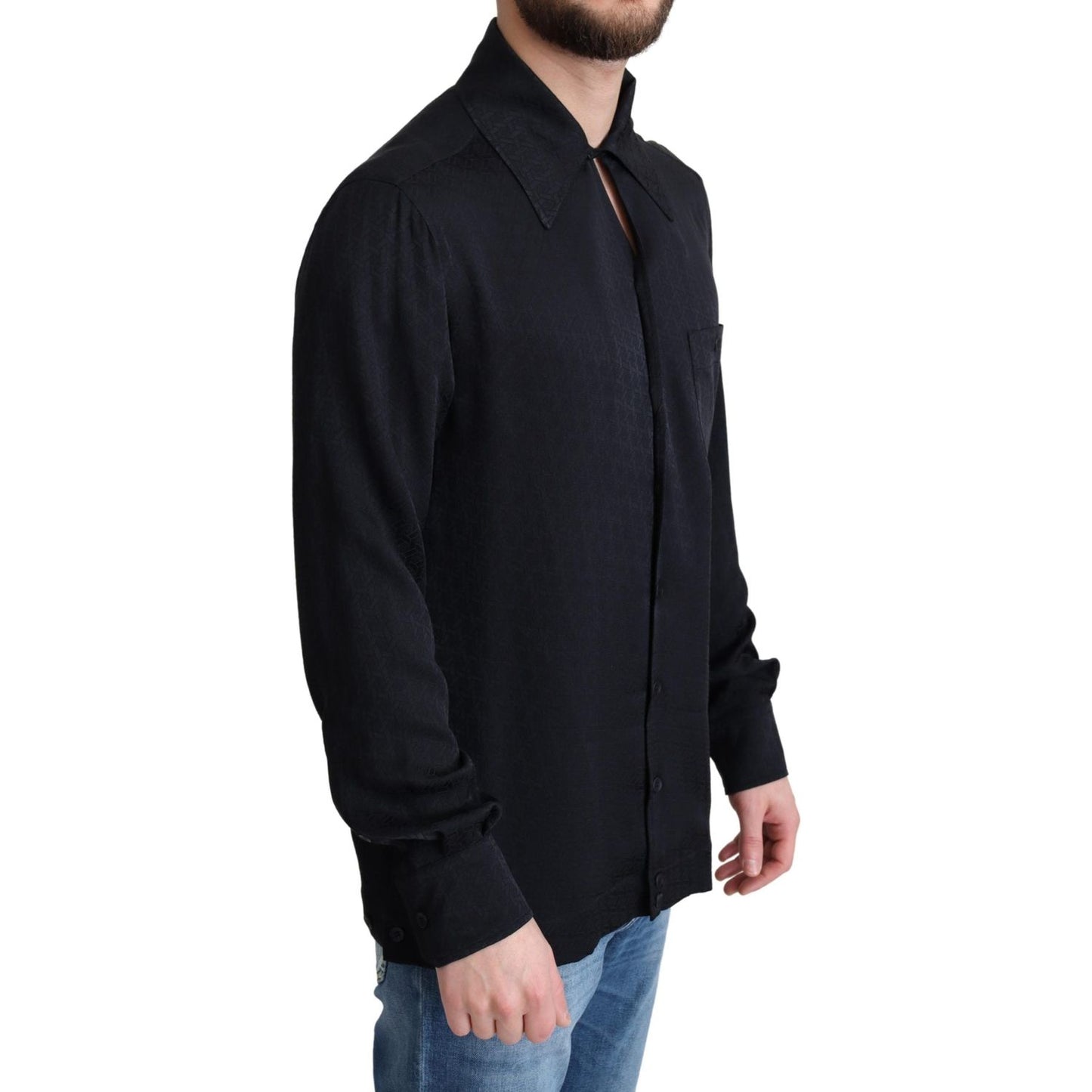 Dolce & Gabbana Black Jacquard Silk Casual Button Down Shirt