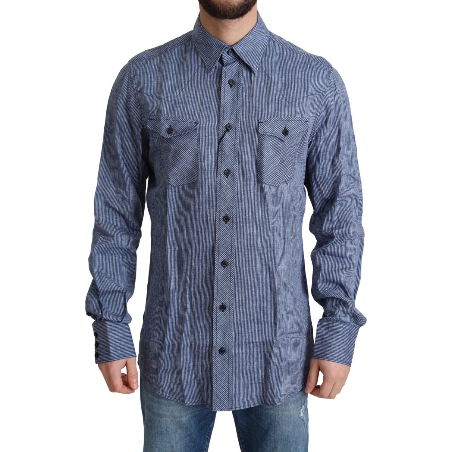 Dolce & Gabbana Blue Stripes Men Casual Button Down Shirt