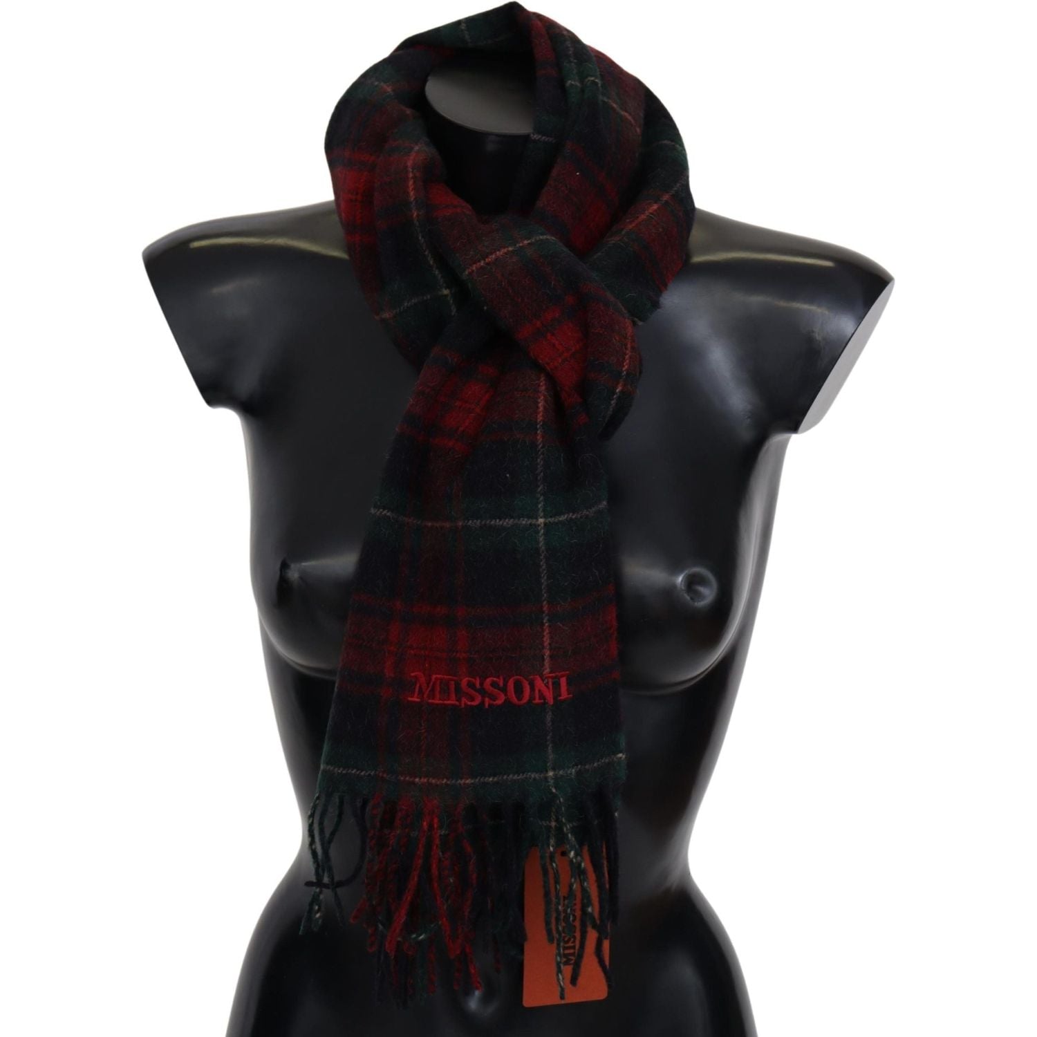 Missoni Black Red Check Wool Unisex Neck Wrap Fringes Scarf
