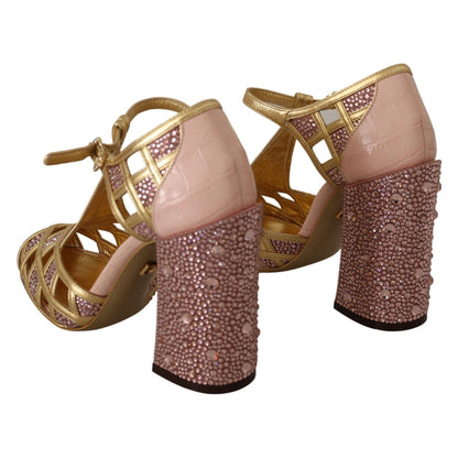 Dolce & Gabbana Pink Gold Leather Crystal Pumps T-strap Shoes